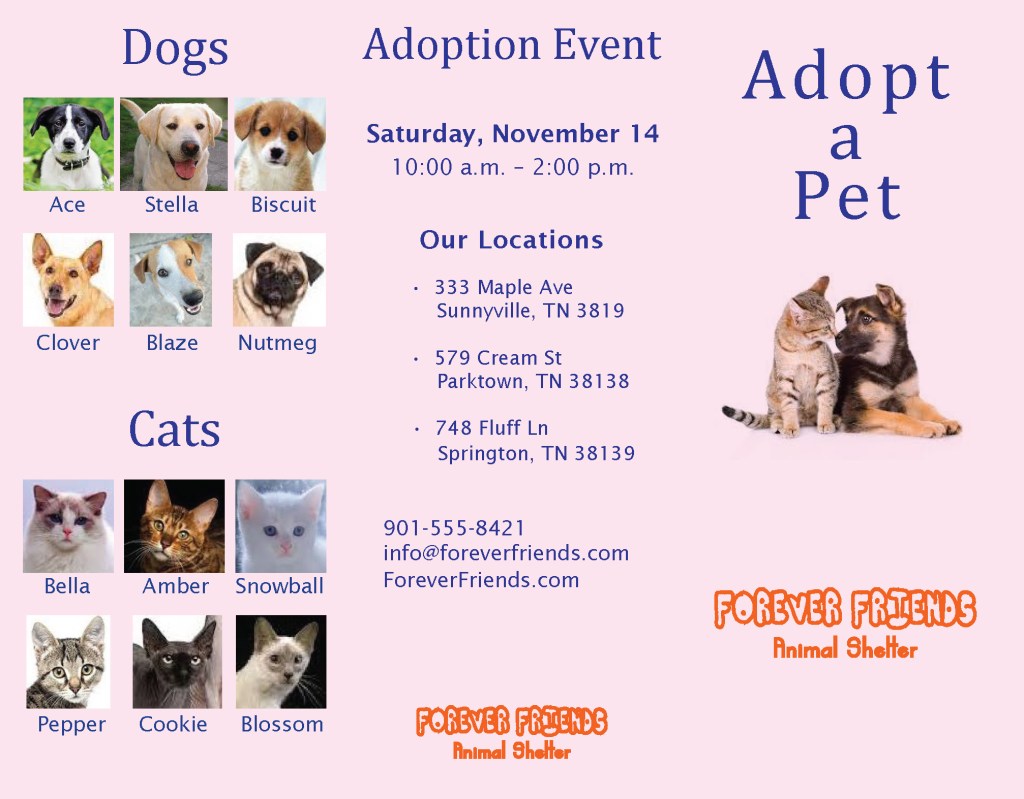 Animal Shelter Tri-Fold Brochure - inside flap, back, and front